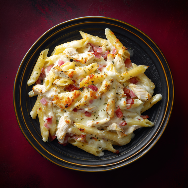 Penne gratinate cu pui și bacon