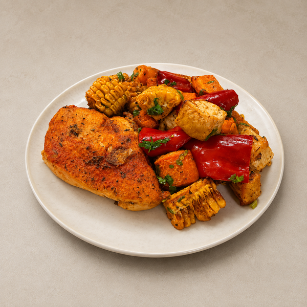 Piept de pui la cuptor cu mix rustic de legume