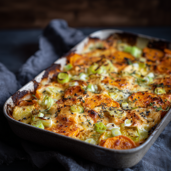 Tartă de cartof dulce și praz